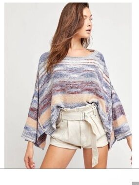 Free People Midnight Canyon combo Striped Poncho Sweater - Multi Blue Cream Tan